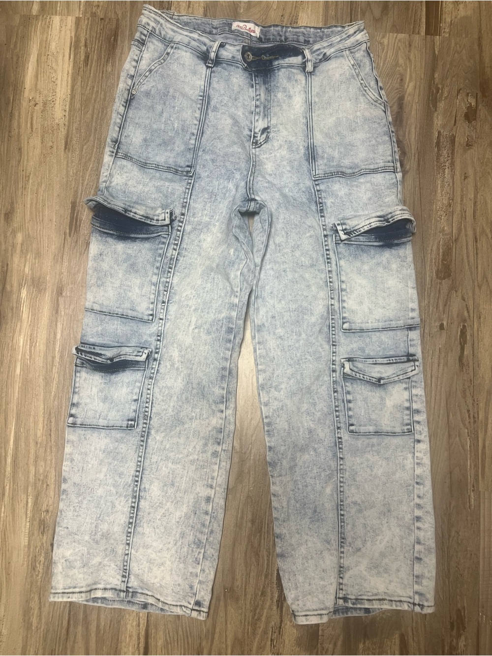 Red Bottoms Acid Wash Wide Leg Denim Cargo Jeans Size 16 High Rise Streetwear